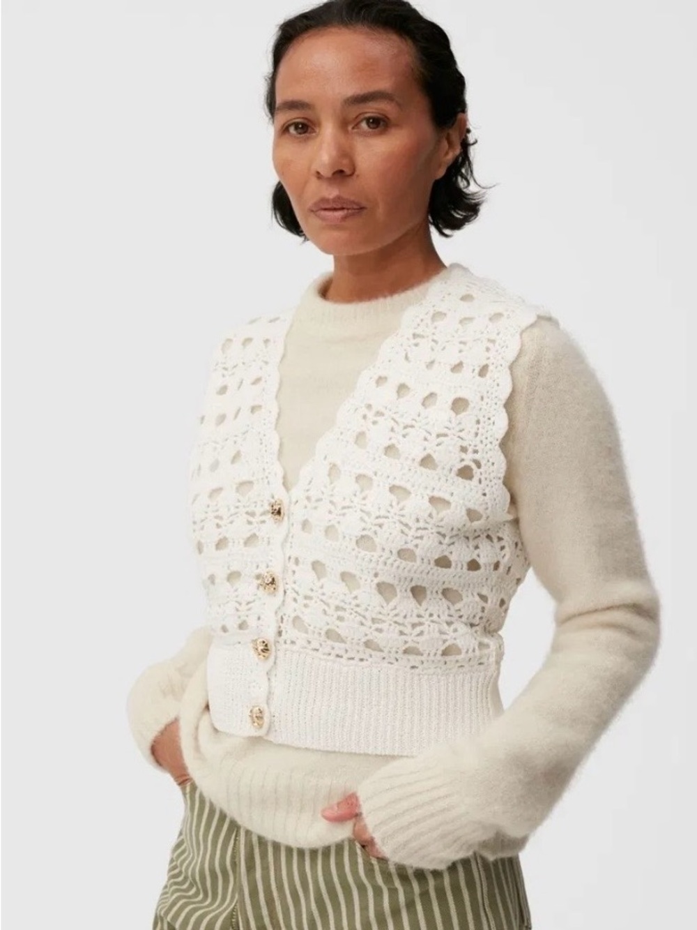 Ganni Crochet Scalloped V-Neck Vest